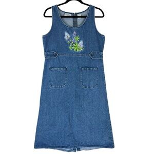 Butterfly Embroidered Denim Jumper Midi Dress Sz S Blue